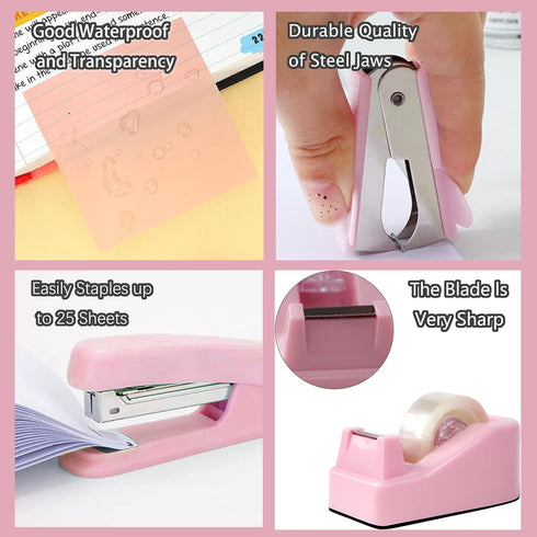 Pink Office Supplies Accessories, Stapler and Tape Dispenser Set for Women, Office Gift for Coworkers