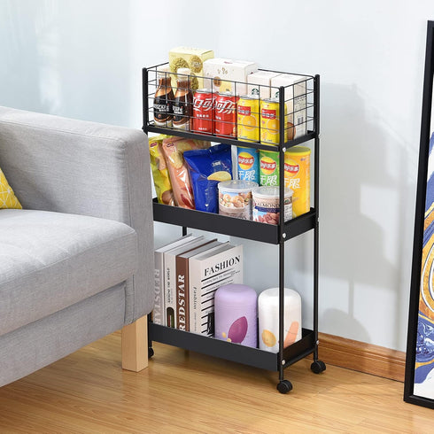 KINGRACK 3-Tier Metal Rolling Utility Cart, Slim Storage Trolley for Kitchen, Bathroom, Laundry Room, Office, Black