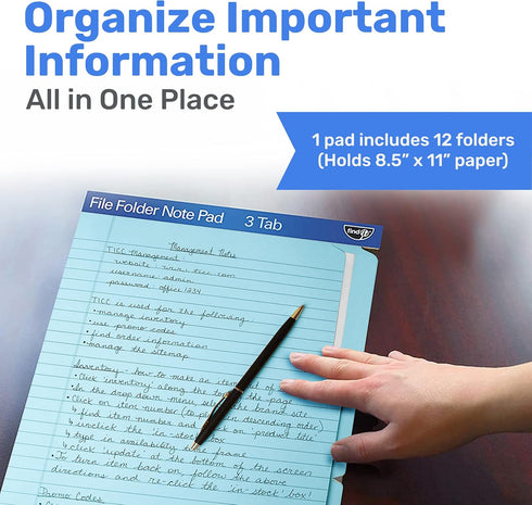 Find It File Folder Notepad - Pack of 12, 9.5 x 12.5 Inch Notebook Organizer Folders for Filing, Document, Clipboard