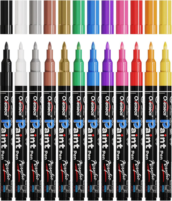 Overseas Paint Pens, 12 Colors Permanent Markers, 0.7mm Extra Fine, Water Based, Waterproof for Wood, Metal, Rock,