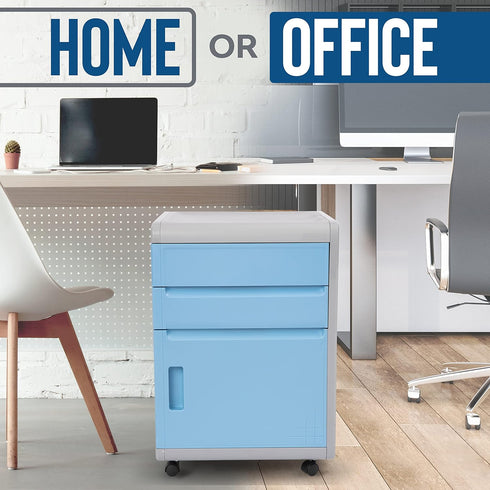 SereneLife 2 Drawer Rolling Cabinet, 3 Compartment Organizer Filing Desk with Coded Lock, Gray/Blue, 16.25” L x 16.5” W