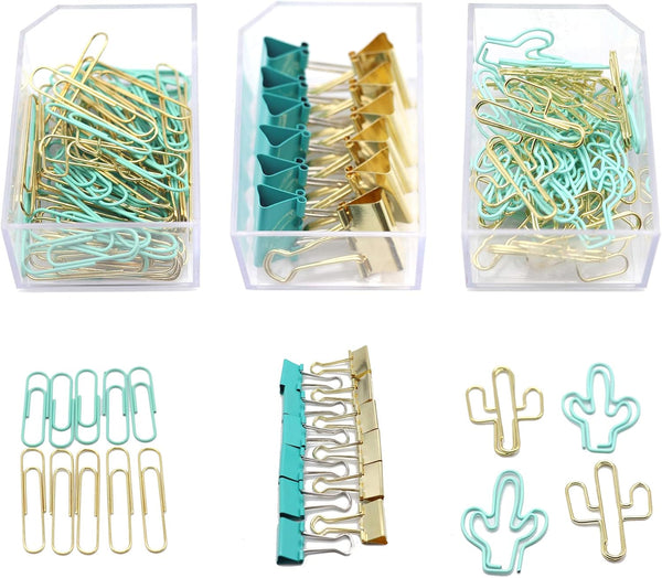 Gold Blue Binder Clips and Paper Clips Set, 3-in-1 Boxed for Office School Supplies, Teachers Classroom Daily Use