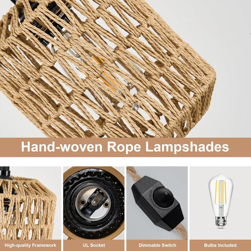6W Bulb Light(3000K) Dimmable 15ft Plug in Pendant Light with LED Warm Switch Cute Rattan Hanging Lamp Cord Hand Woven