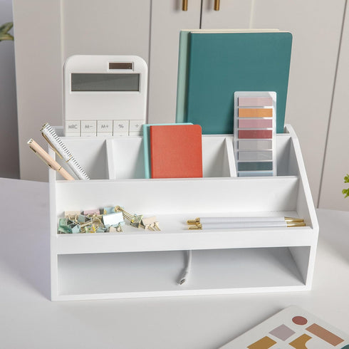 Martha Stewart Weston Wooden Desktop Organizer with Open Lower Storage Compartment, White