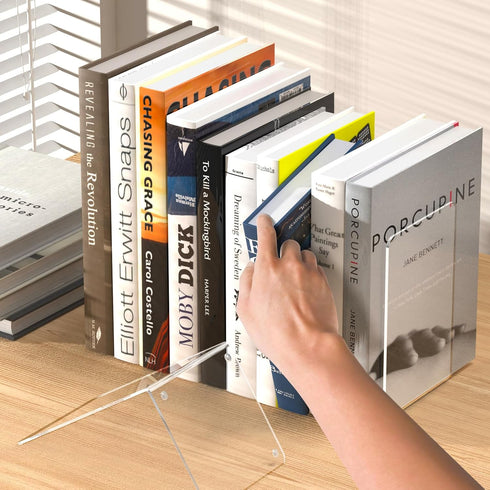 Dooiclear 4 Acrylic Bookends Pcs, Clear Book Ends for Shelves, Transparent Bookend Organizer, Book Holder Stand