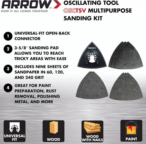 Arrow OSCTSV-1 Multipurpose Sanding Kit for Oscillating Tools for Wood and Metal, Universal, Fits Most Multitools, 10-Piece Set Includes Sanding Pad and 60-Grit, 120-Grit, and 240-Grit Sandpaper by Arrow