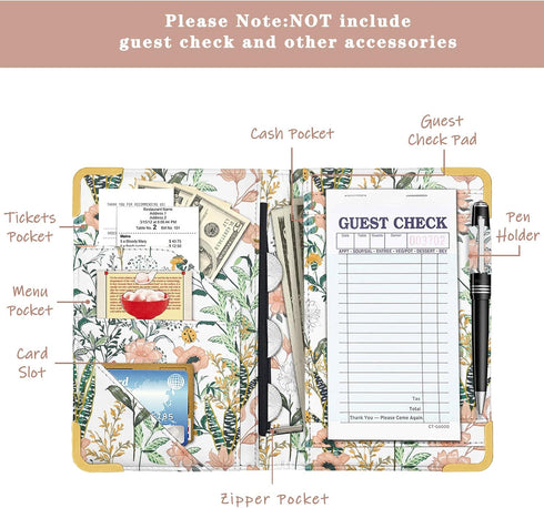 YeeCASE 2Pack Flower Server Book for Waitress with Zipper Pouch, Fits Waitress Apron,Receipt Holder with High Volume