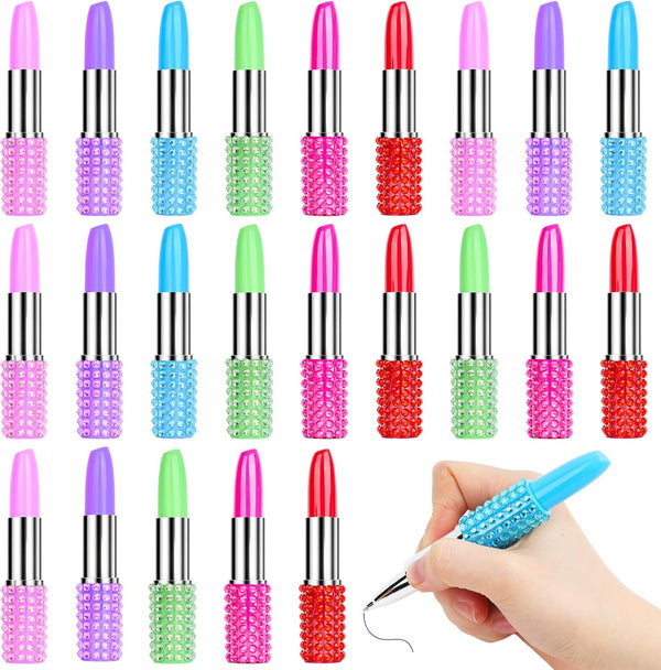 DomeStar 24PCS Lipstick Shape Creative Ballpoint Pens, Rhinestone Crystal Cute Ball Pen for Women Girls