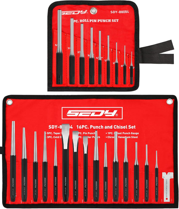 25-Piece Punch and Chisel Set with Roll Pin Punches, Includes Taper, Pin,