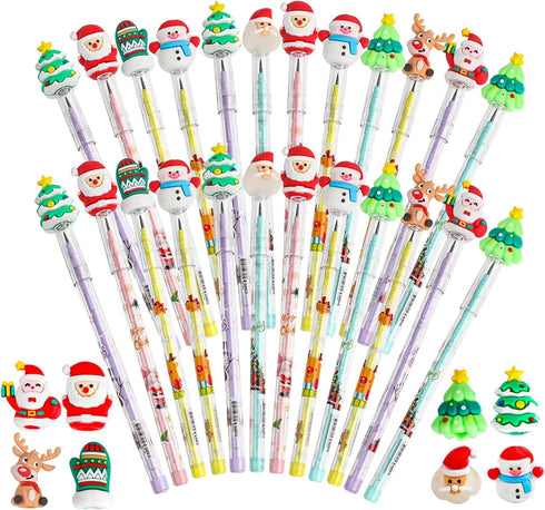 KIMOBER 24PCS Christmas Pencils, Multi Point Stackable Push Pencil with Santa, Christmas Tree, Snowman for Kids