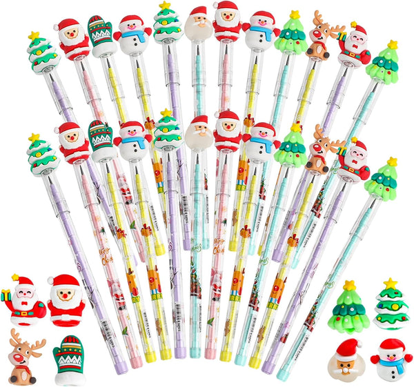 KIMOBER 24PCS Christmas Pencils, Multi Point Stackable Push Pencil with Santa, Christmas Tree, Snowman for Kids