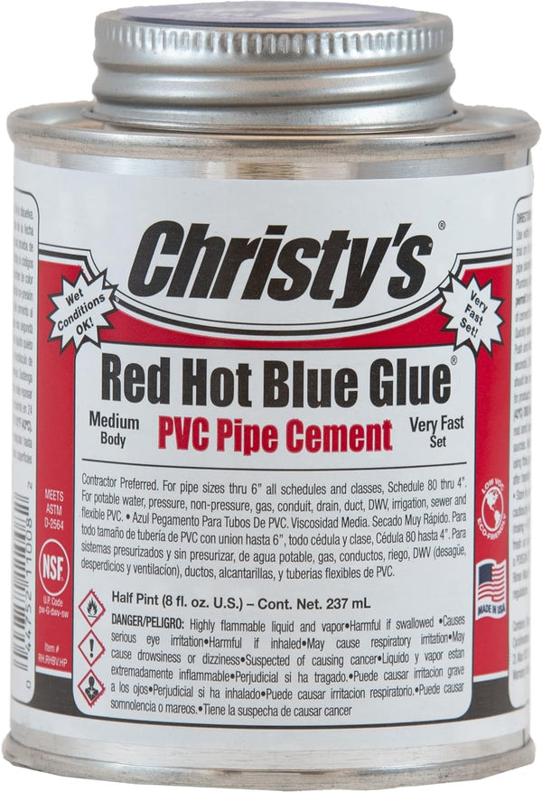 Christy's Red Hot Blue Glue PVC Cement - Medium Body, Very Fast Set, Low-VOC, 1/2 Pint