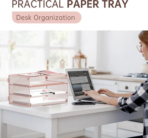 DALTACK 3 Tier Letter Tray Paper Organizer, Mesh Metal Desk File Organizer for Home & Office, Pink
