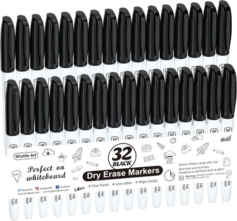 Shuttle Art 32 Pack Dry Erase Markers, Fine Tip Black Whiteboard Markers for Kids, Perfect for Writing