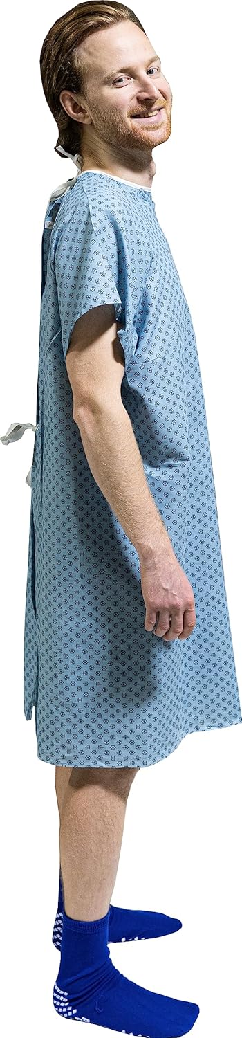 AMU Solutions 4PK - Men's Deluxe Value Patient Hospital Gown Robe, Soft & Comfortable Gowns Size Medium/Large (Blue)