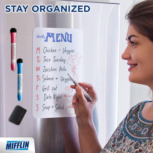 Mifflin-USA Magnetic Dry Erase White Board Sheet for Fridge (12x8''), Stain-Resistant Refrigerator Whiteboard Organizer, Kitchen Planner Board w/ 3 Fine-Tipped Markers & Convenient Eraser by MIFFLIN