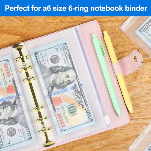 KTRIO 16PCS A6 Binder Pockets, Clear Zipper Pouch Folders, 6 Holes Cash Envelopes for Budgeting, Waterproof PVC Bags