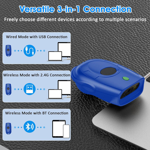 Symcode Mini QR Portable Barcode Scanner, 3-in-1 Bluetooth, 2.4G Wireless, USB Wired Scanner for Android, iOS, Windows