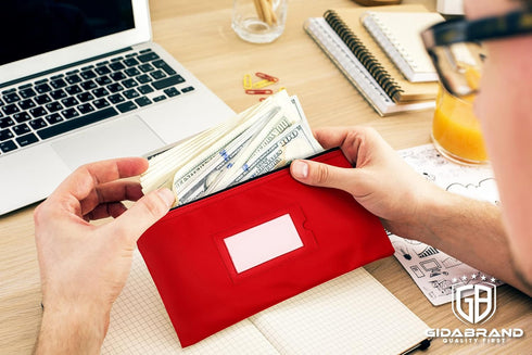 Money Bank Deposit Bag with Zipper, 11x6 inch, Red, Durable Leatherette Wallet Pouch with Framed ID Window