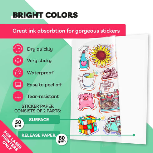 Clear Sticker Paper - Glossy Vinyl for Laser Printer, 20 Sheets, 8.5 x 11" Letter Size - Perfect for Vibrant Crafting