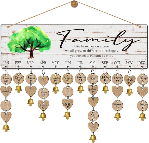 Buecasa Wooden Family Tree Birthday Reminder Calendar Board - DIY Wall Hanging Birthday Tracker Plaque with 100 Tags
