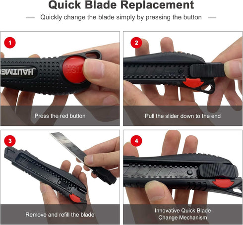 HAUTMEC 18mm Utility Knife Box Cutter, Safety Quick Change Button, Snap off Black SK2 Ultra Sharp Blade