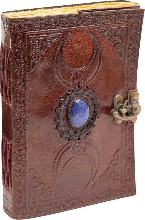 Moon Blue Lapiz Gemstone Studded Writing Handmade Leather Notebook, Unlined Antique Deckle Edge Vintage Paper, Great