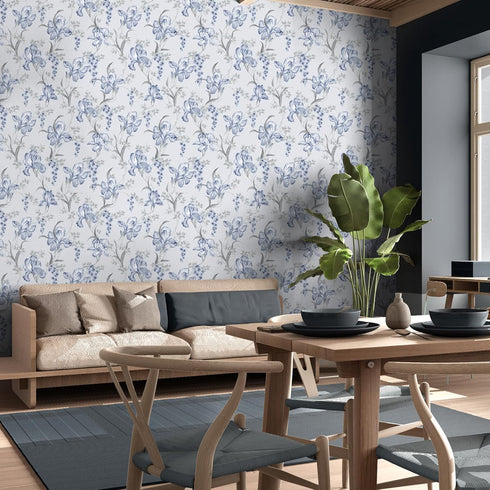 17.7"x118" Blue Grey Floral Peel and Stick Wallpaper, Iris Flower Bouquet Mural for Bedroom Nursery