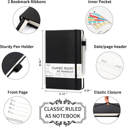 feela 8 Pack Journal Notebook Bulk for School, Hardcover Business Notebooks, Classic Ruled, 120 GSM, 5.1”x8.3”, Black