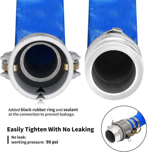 2" x 50ft PVC Lay Flat Discharge Hose with Heavy Duty Reinforced Pump Backwash Assembly, Aluminum Camlock C & E