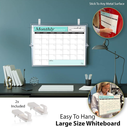 Dry Erase White Board, 12"x16" for Desktop & Wall - 2 Magnetic Planners, 6 Markers, Eraser & Wall Hangers Included