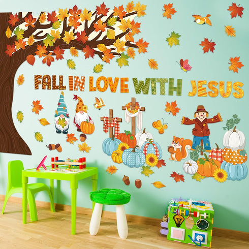 Zonon Christian Fall Love with Jesus Bulletin Board Set, Autumn Decorations, Maple Leaf Pumpkin Cutouts for Thanksgiving