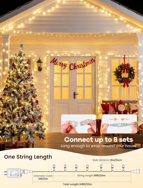 Bedroom,98FT 200 String Lights Indoor LED Fairy String Lights Outdoor Waterproof, Memory Twinkle Christmas Light Plug