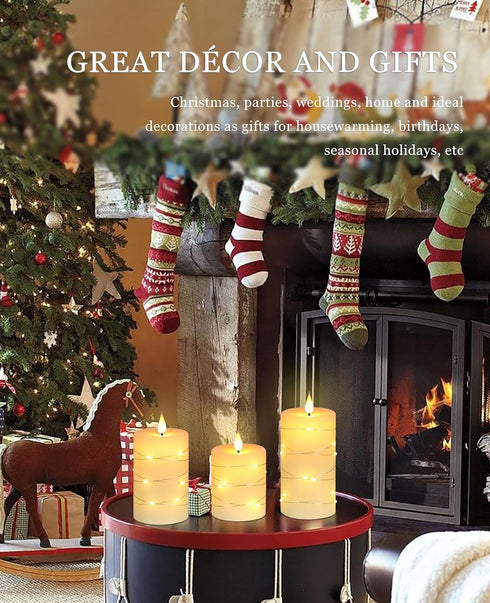 Wax,3 Pack-Ivory Da by Flameless Candles with String Lights, Battery Operated Candles with Remote and Timer, LED Pillar