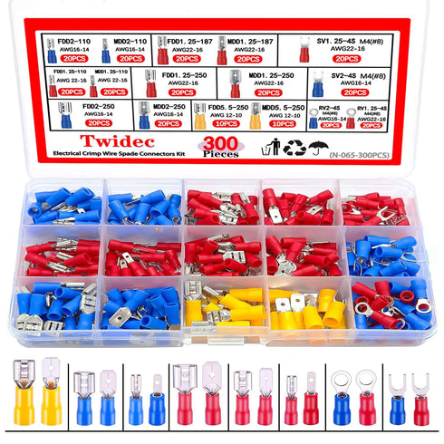 Insulated Electrical Connectors Kit 300 PCS Crimp Terminal Assortment (Butt, Ring, Spade,