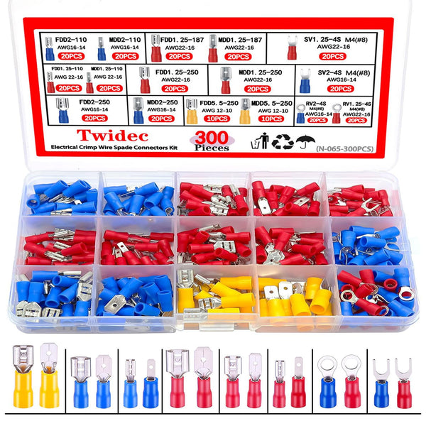 Insulated Electrical Connectors Kit 300 PCS Crimp Terminal Assortment (Butt, Ring, Spade,
