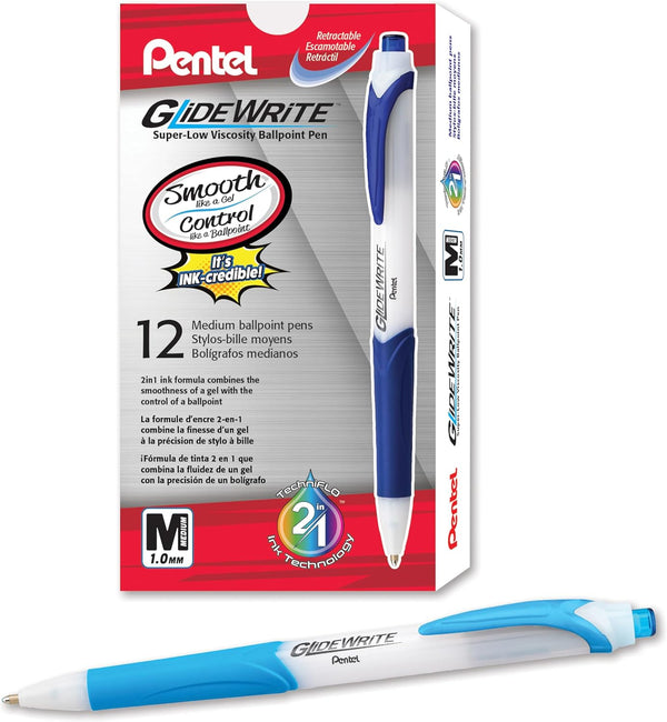 Pentel GlideWrite Ballpoint Pen with TechniFlo Ink, Medium Line (1.0mm), Sky Blue, Box of 12 (BX910-S)