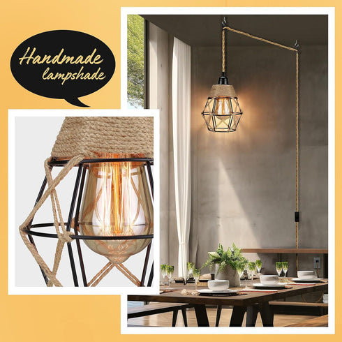 SoodMi Plug in Pendant Light, Industrial Hanging Light with Plug in Cord, Hemp Rope On/Off Switch Farmhouse Pendant