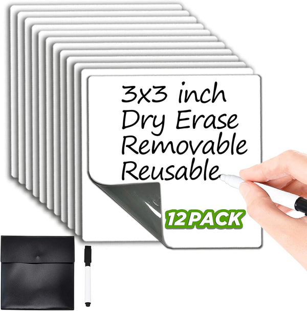 Dry Erase Sticky Notes, Reusable Whiteboard Stickers, 3"x3", 12 Pack, Great for Labels, Lists, Reminders, Washable,