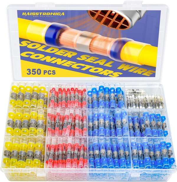 haisstronica 350PCS Solder Seal Wire Connectors Kit - 26-10 Gauge Marine Grade Heat Shrink Waterproof Butt Connectors