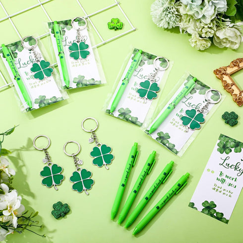 Fullhawl 24 Sets Shamrock Pen Gifts Bulk for Employee Good Luck Ballpoint Pens Clover Keychains with Thank You Cards