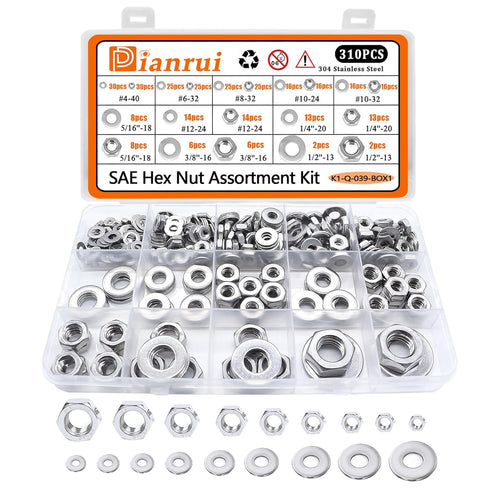 Dianrui 310PCS SAE Hex Nuts Assortment Kit with Flat Washers, 10 Size 304