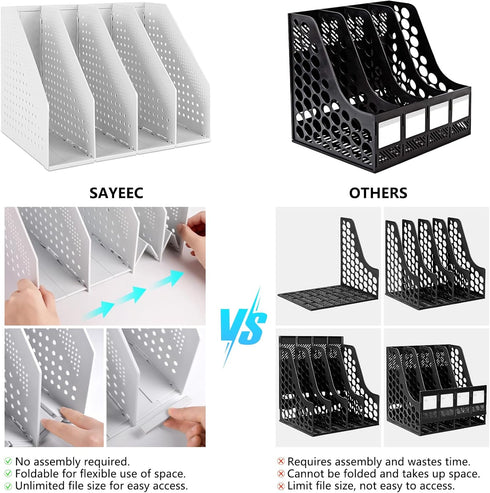 SAYEEC Collapsible Magazine Holder, 4 Compartment Plastic Desktop Organizer for Office, Home, School, Gray