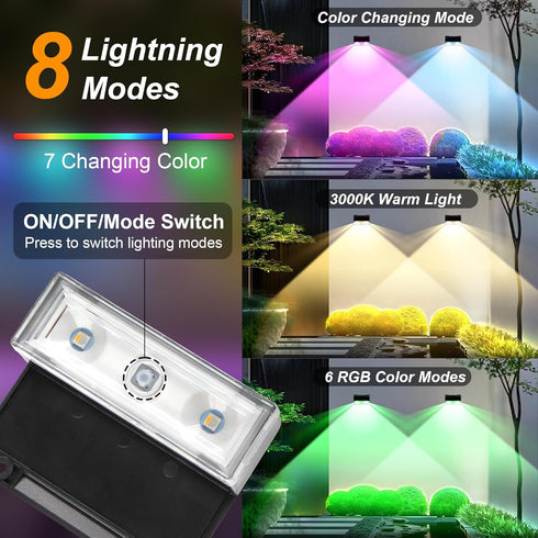 8 IP65 4 Pack Ellasay Solar Fence Lights Outdoor: Lighting Modes with RGB Solar Powered Deck Light - Waterproof - Wall