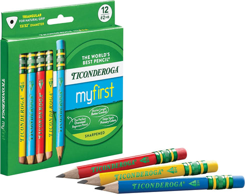 Ticonderoga My First Short Triangular Wood-Cased Pencils, 2 HB Soft with Erasers, Primary Colors, 12 Count