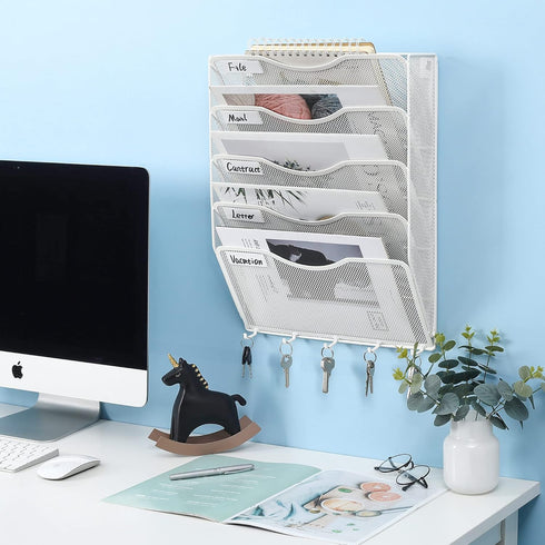 EasyPAG Wall Mount File Organizer with Key Hooks, 5 Pocket Vertical Mesh Holder for Office and Home