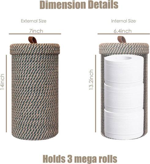 3 Handmade Cotton & Jute Toilet Paper Holder Woven Toilet Paper Stand & Storage Basket with Lid, Freestanding Organizer