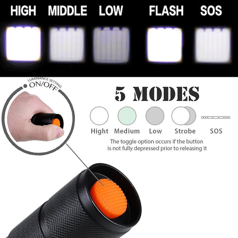 2 Pack 2000 5 LED Tactical Flashlight Water Resistant Military Grade Lumens Modes Zoom Function Ultra Bright Torch