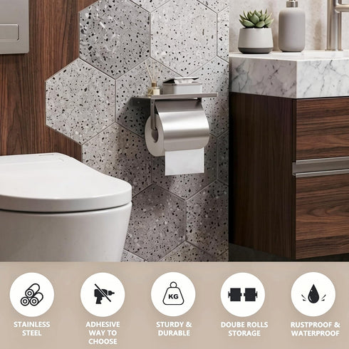 304 Toilet Paper Holder with Phone Shelf and Waterproof Cover, SUS Stainless Steel Tissue Roll Storage Rack (Polished
