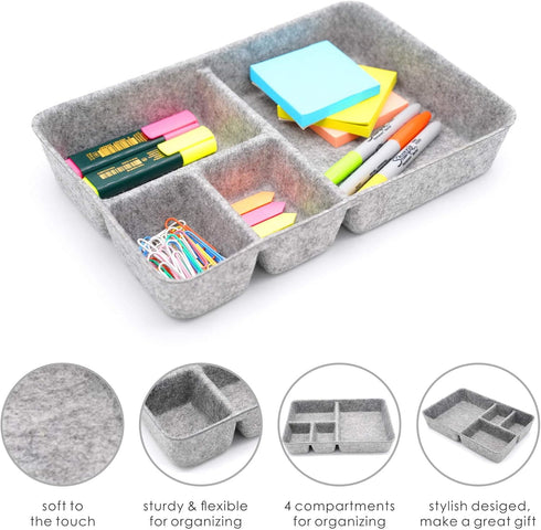 Welaxy Junk Drawer Organizer Bin with 4 Compartments, Felt Trays, 2 Dividers, Multi-Purpose Storage (Grayx2)